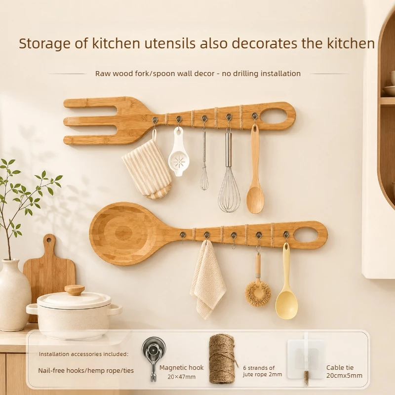 Wooden Utensil Storage Rack, Fork-Shaped Multi-Hook Wall Organizer for Spoons & Spatulas, Kitchen Background Decor Holder