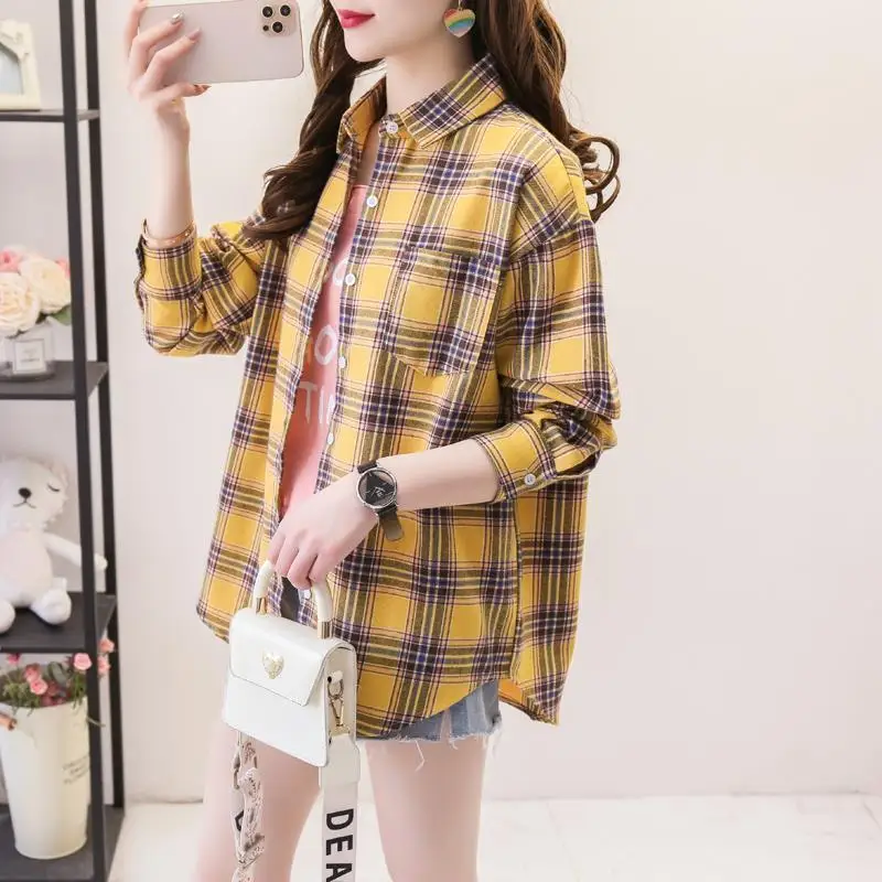 Women\'s Autumn Fashion Simplicity Plaid Long Sleeve Shirts Women Clothes Casual Loose All-match Temperament Elegant Tops