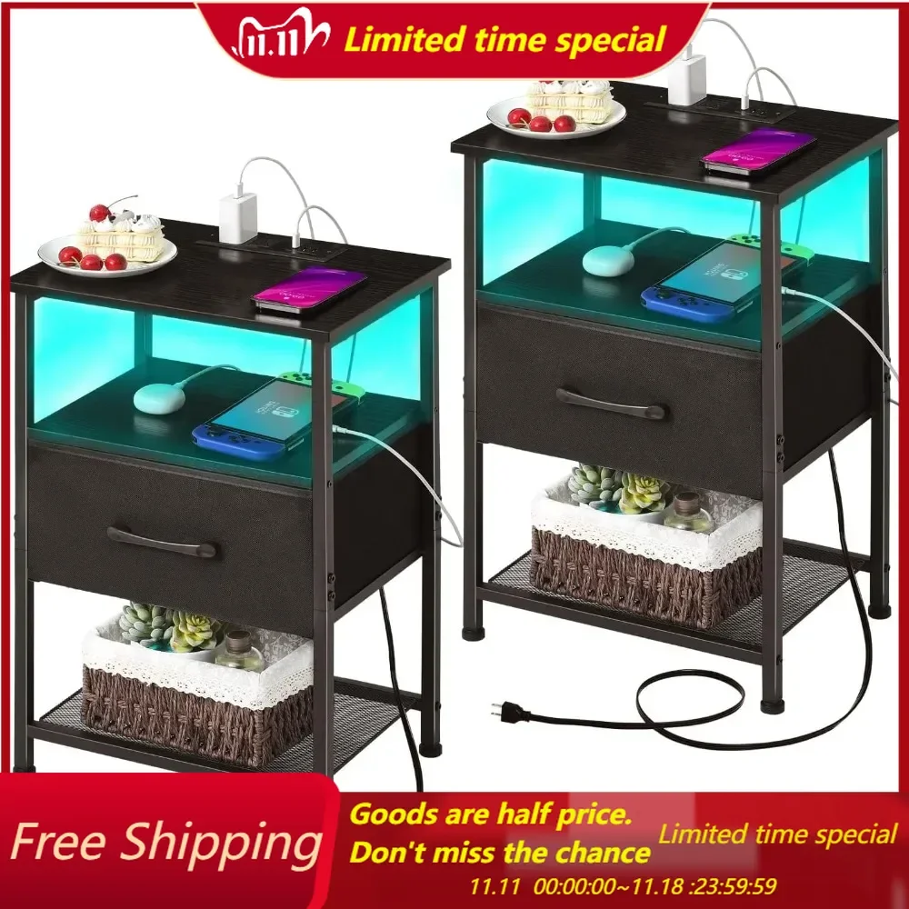 

Nightstands Set of 2 with Fast Charging Station and Drawer, End Table Bedside Table with 20 Colors LED Light Strip