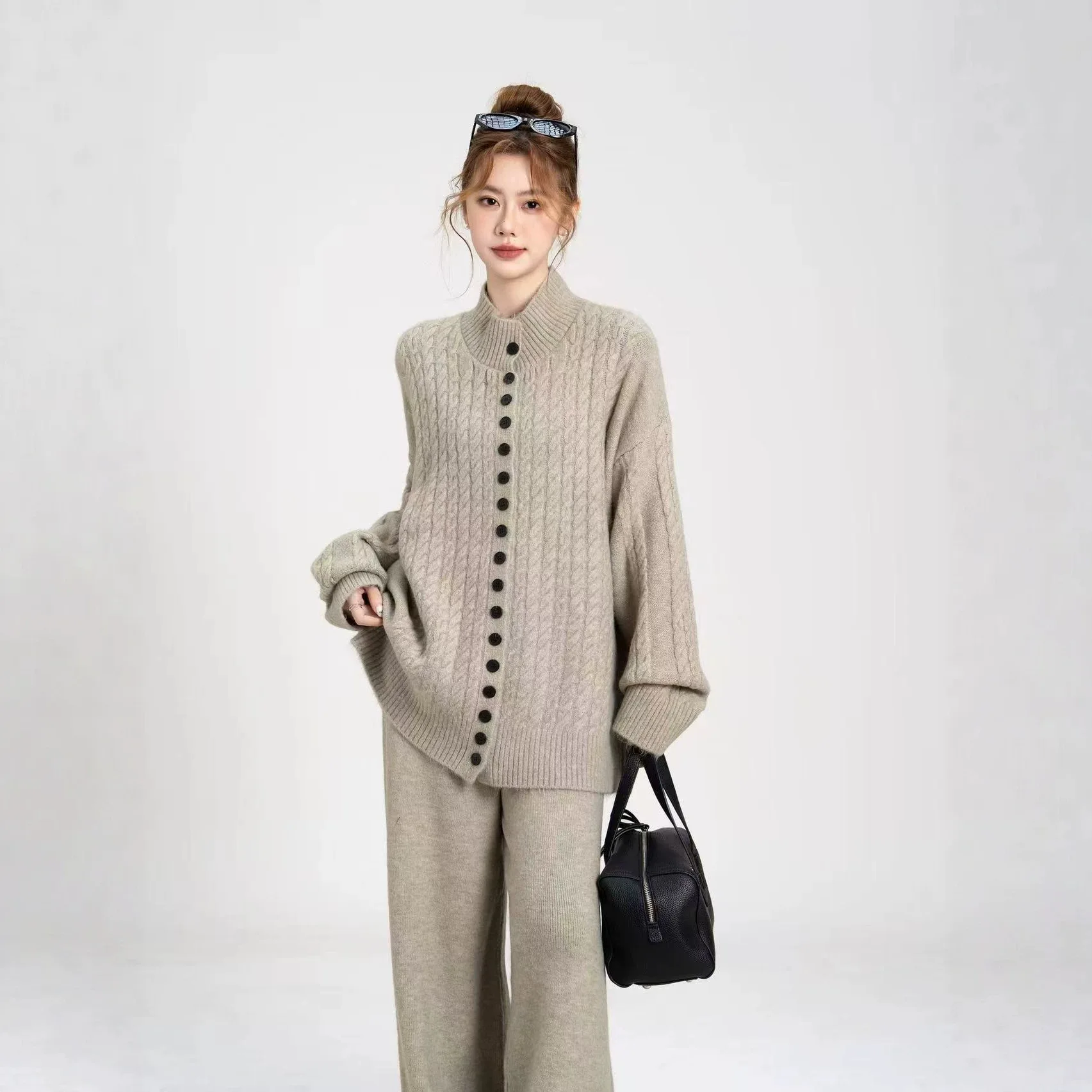 SuperAen 2026 Autumn and Winter New Women's Stand-Neck Loose Comfortable Knitted Cardigan Casual Sweaters Wide Leg Pants Sets