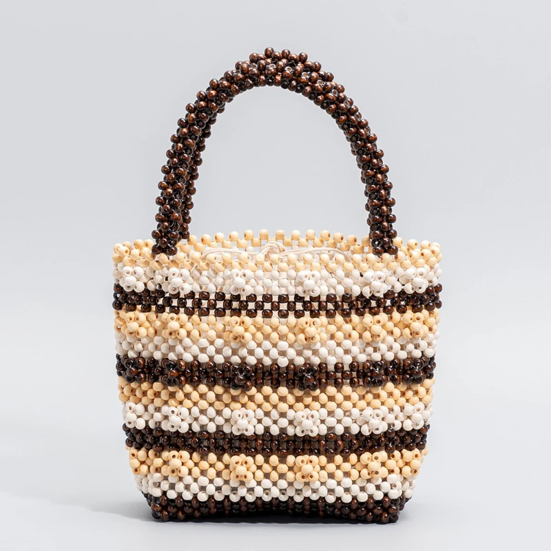 

Trendy Boho Striped Wood Beaded Tote Bag Handmade Hollow Summer Beach Top Handle Bags Hollow Out Casual Purses with Lining