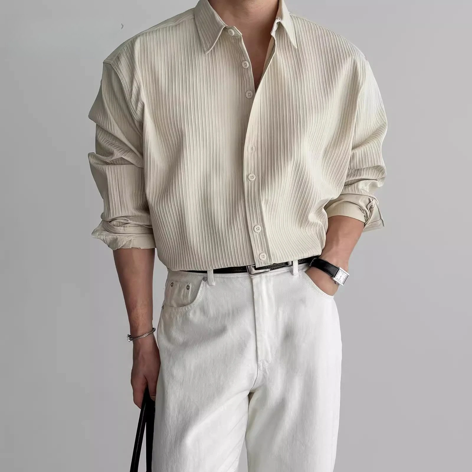 

Летняя трендовая полосатая свободная рубашка в корейском стиле 2025 года, негладкая городская легкая куртка в зрелом стиле