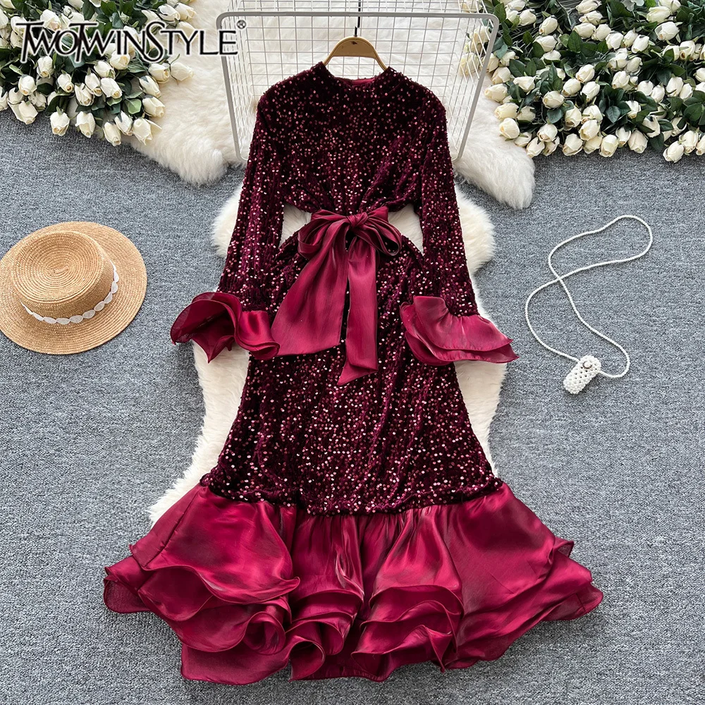 

TWOTWINSTYLE Patchwork Sequin A Line Dress For Women Round Neck Flare Sleeve High Waist Spliced Lace Up Dresses Female KDR517690