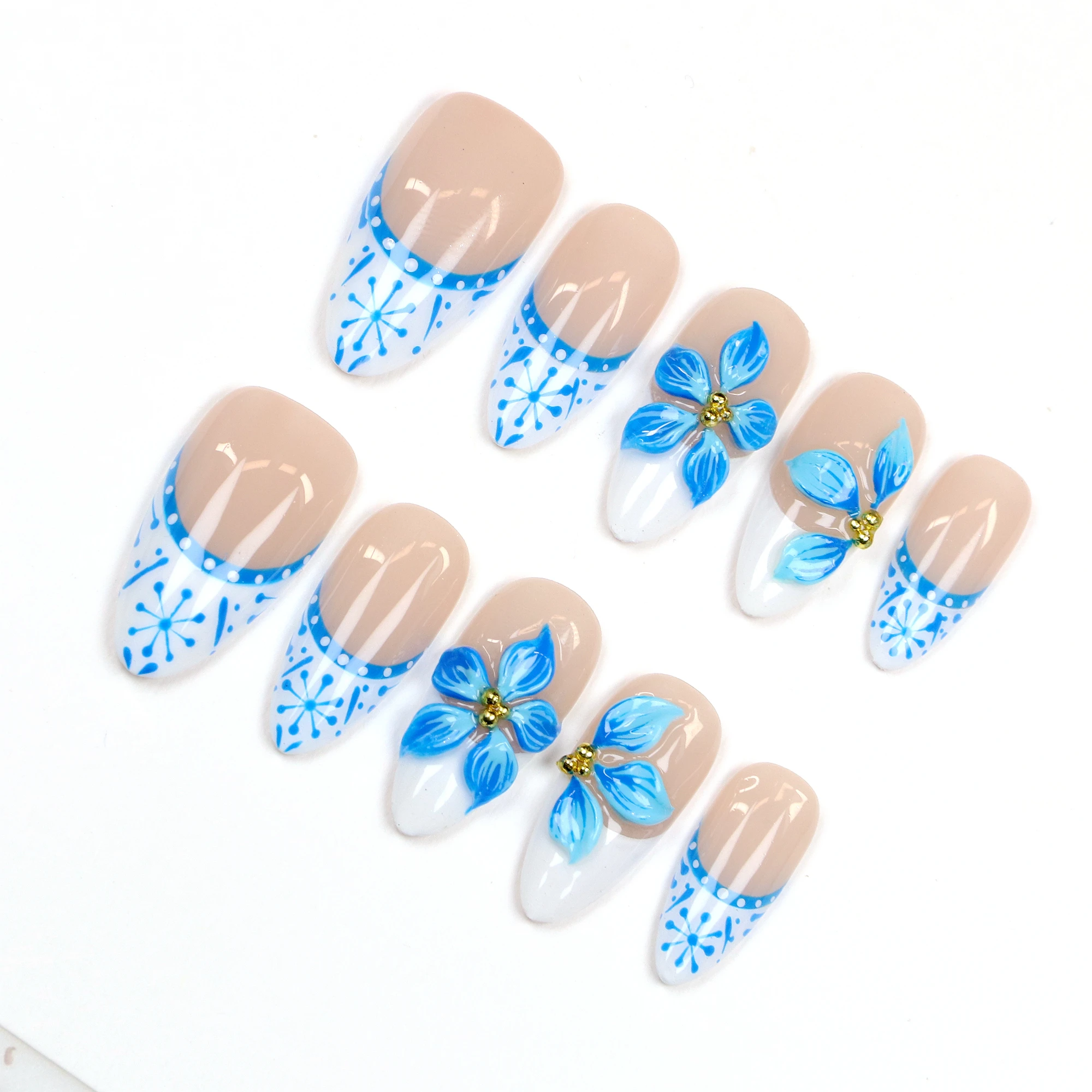 10 قطعة Y2K ثلاثية الأبعاد تصميم مخصص فاخر طويل خنجر اضغط على الأظافر ، زهور زرقاء جميلة FreeStyle الصحافة عطلة هدية عيد