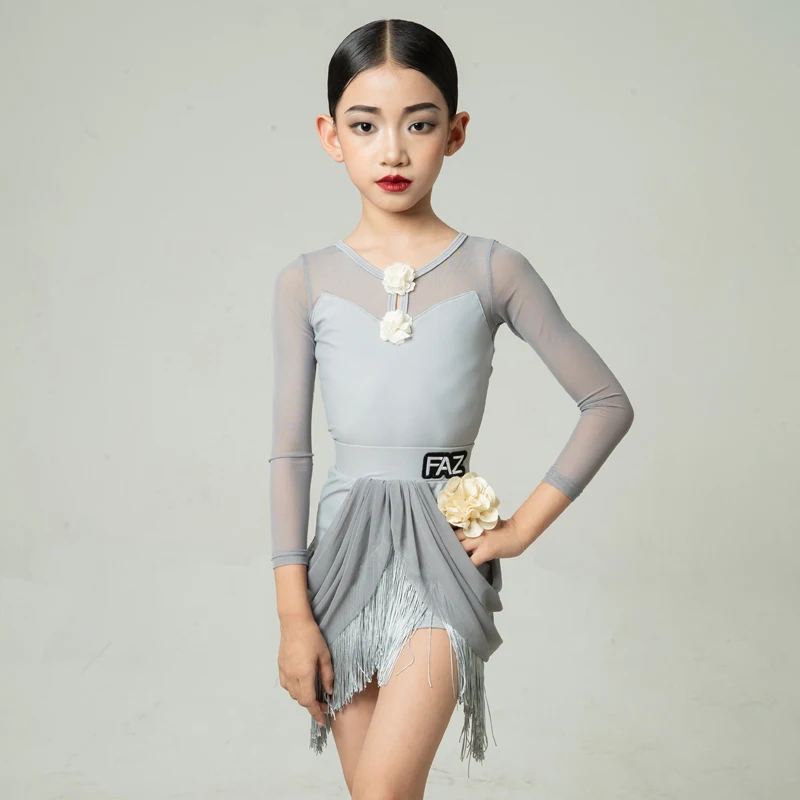 Roupas de treinamento de dança latina infantil, roupas de dança com borla de alta qualidade para crianças, roupas de desempenho de prática