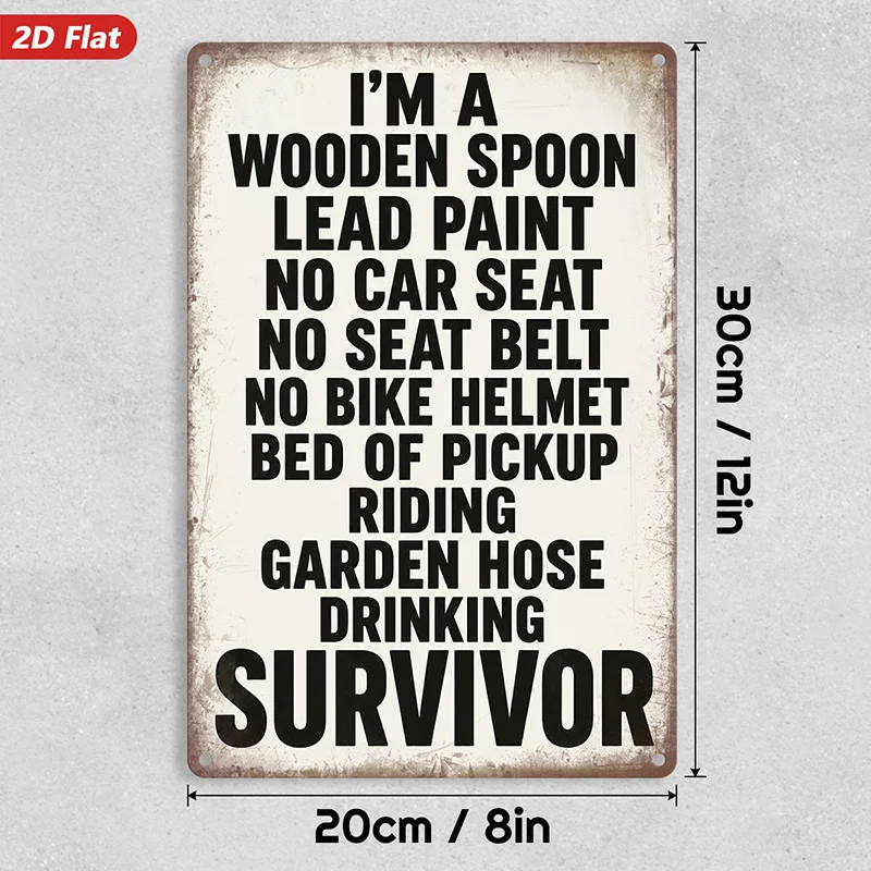 2D Flat, 1pc Vintage Humor Quote Metal Sign Wall Art, I Am Survivor Text, Home Decor, Distressed White Background, Bold Black Ty