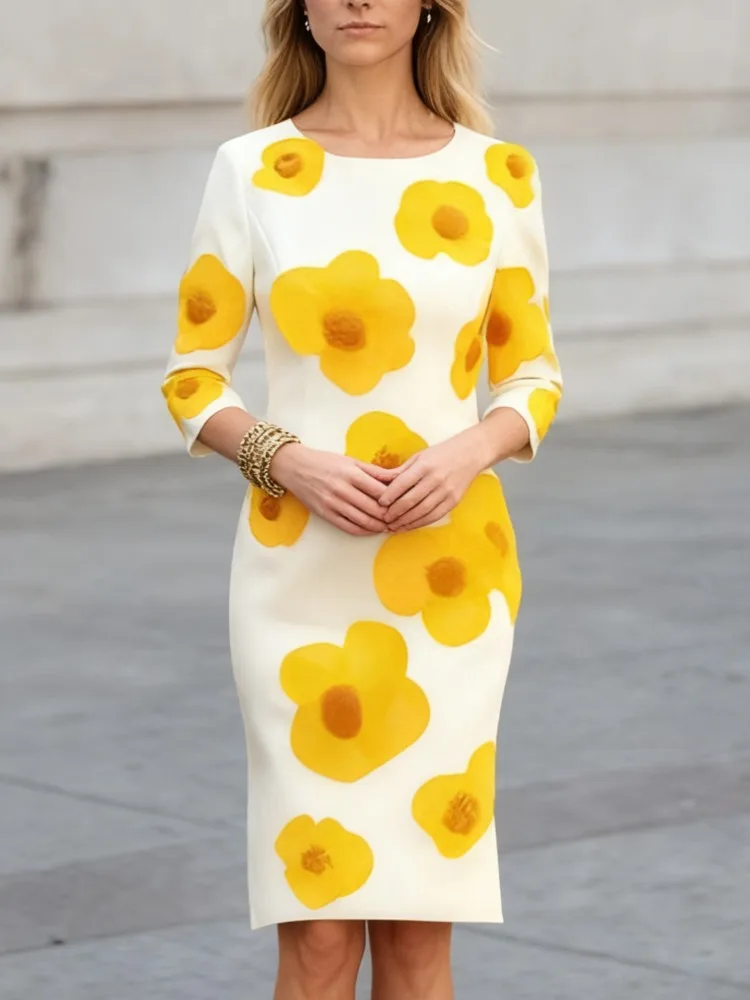 Abito longuette da donna con stampa floreale grande autunno Moda manica a tre quarti Una linea elegante tendenza casual da indossare ogni giorno Abito da ospite per feste