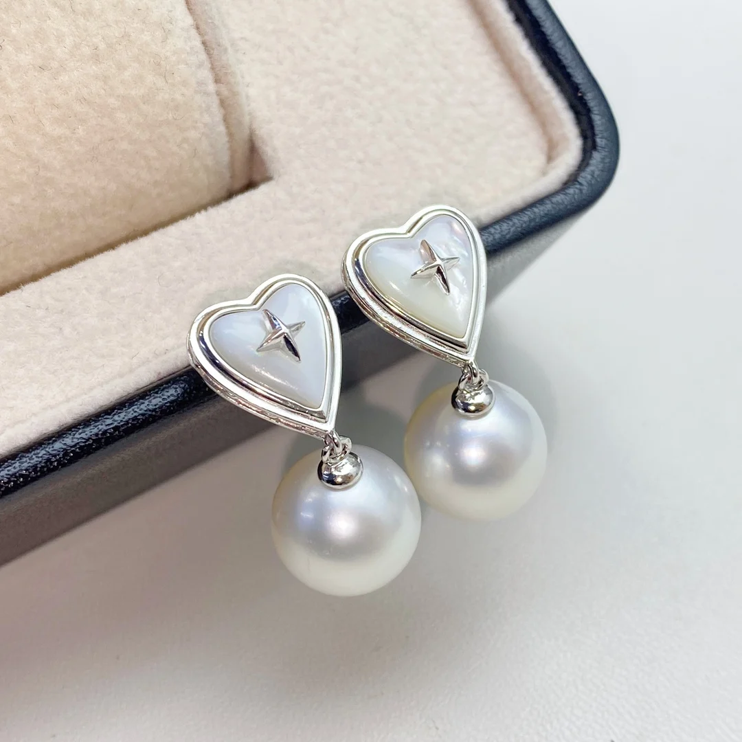 MeiBaPJ 11mm Natural Round Pearls Fashion Heart Shell Drop Earrings DIY 925 Silver Empty Tray Fine Wedding Jewelry for Women