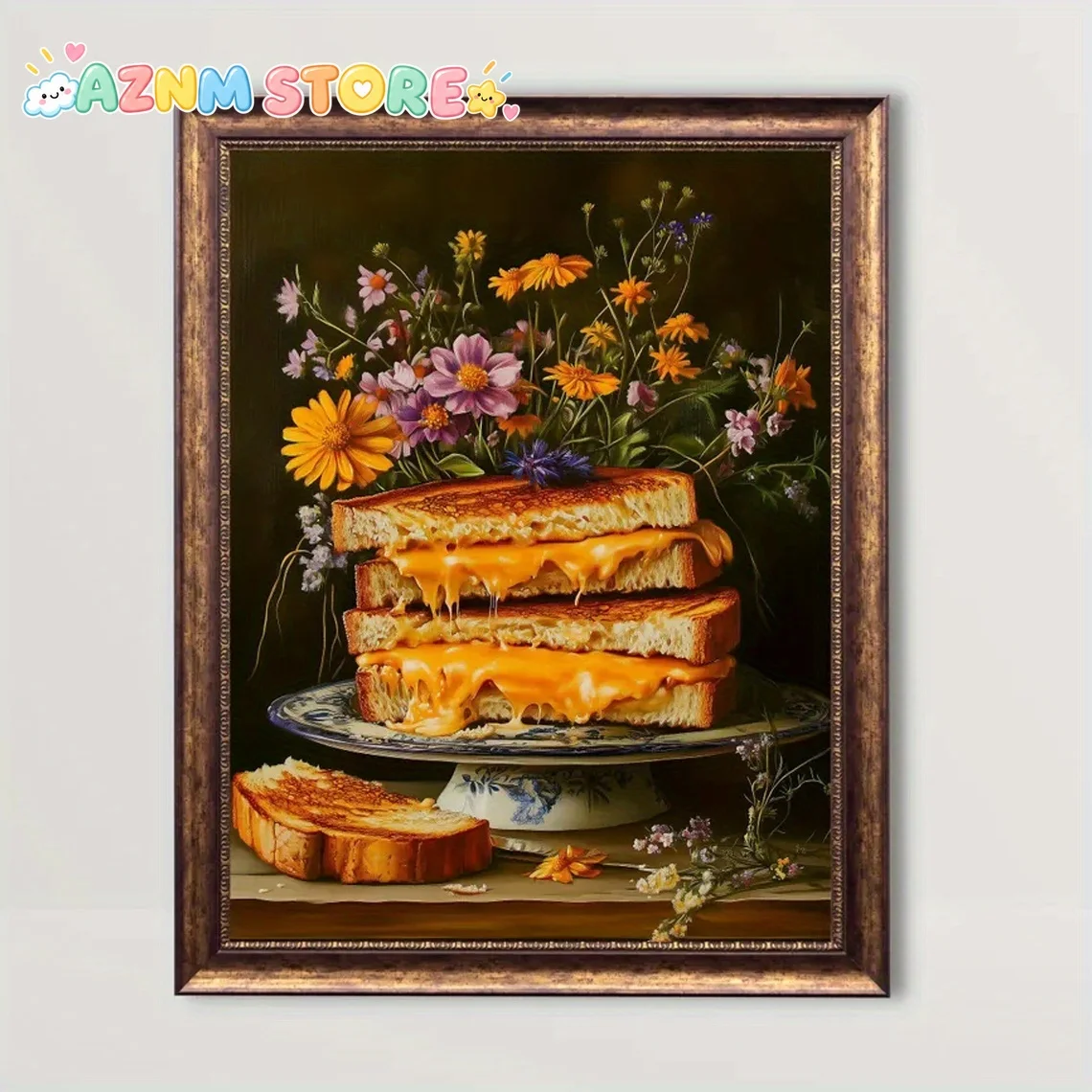 1pc Wall Decor, a Retro Poster Featuring Delightful Grilled Cheese Artwork, a Whimsical Food-Themed Floral Canvas Painting, a