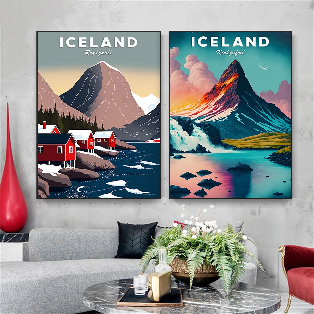 

Iceland Illustration Poster Colorful Reykjavík Print Canvas Painting Kirkjufell Mountain Prints Office Reading Room Wall Decor