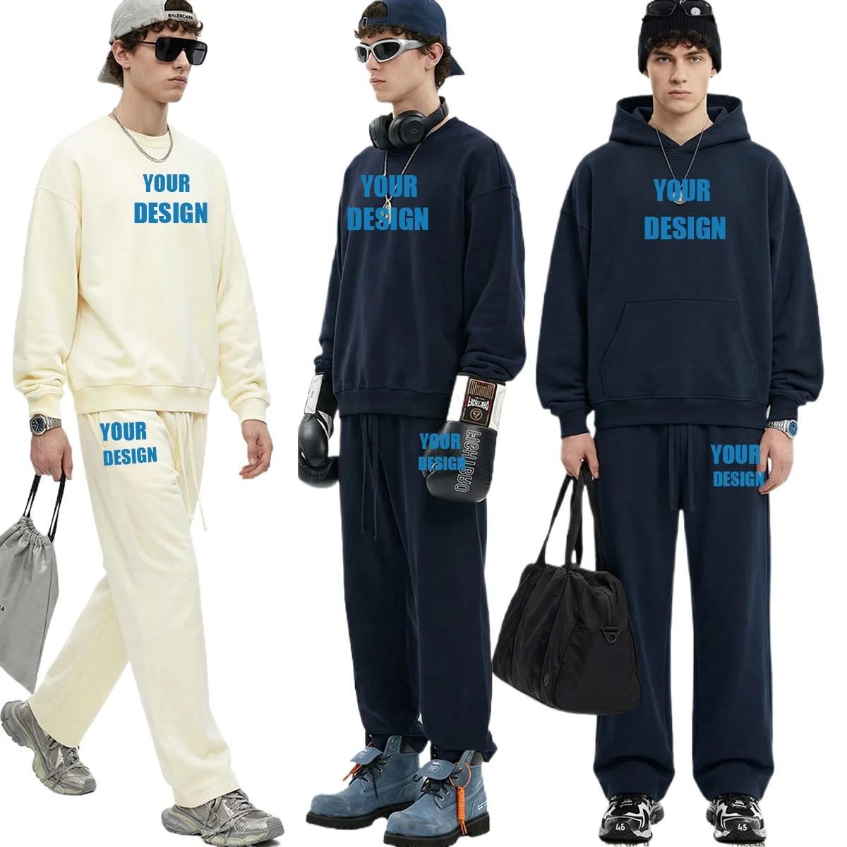 Personalized LOGO custom men's 360G cotton autumn winter classic fashion loose hooded sweater straight sweatpants casual suit