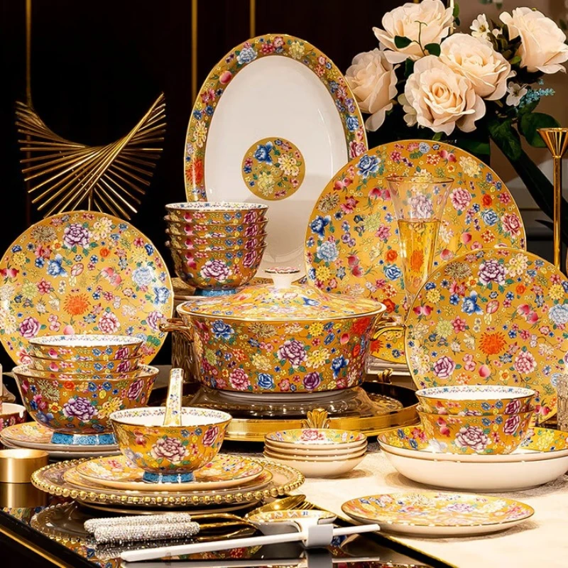 

Enamel color bone china tableware set, chopsticks, dishes and plates