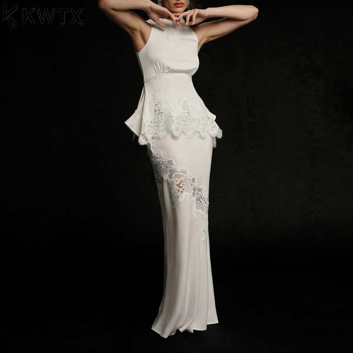 

KWTX популярный кружевной ажурный топ без рукавов в стиле пэчворк с цветочным принтом, юбка средней длины, женское свадебное банкетное платье, 2025 г., элегантное