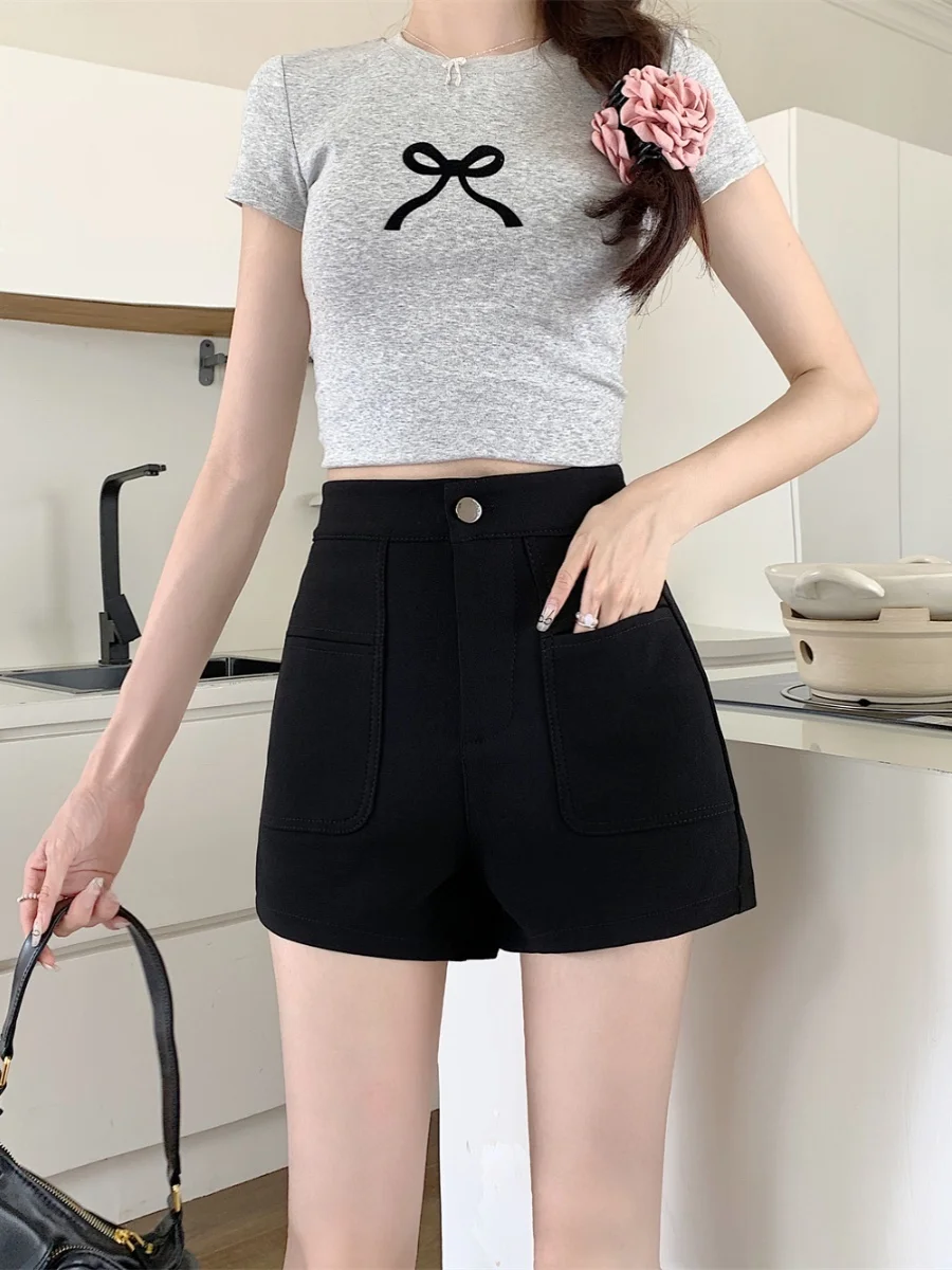 

Летние тонкие шорты Bla для женщин больших размеров, эластичные, с карманами, А-силуэт, укороченные, с высокой талией, прямые, стройнящие