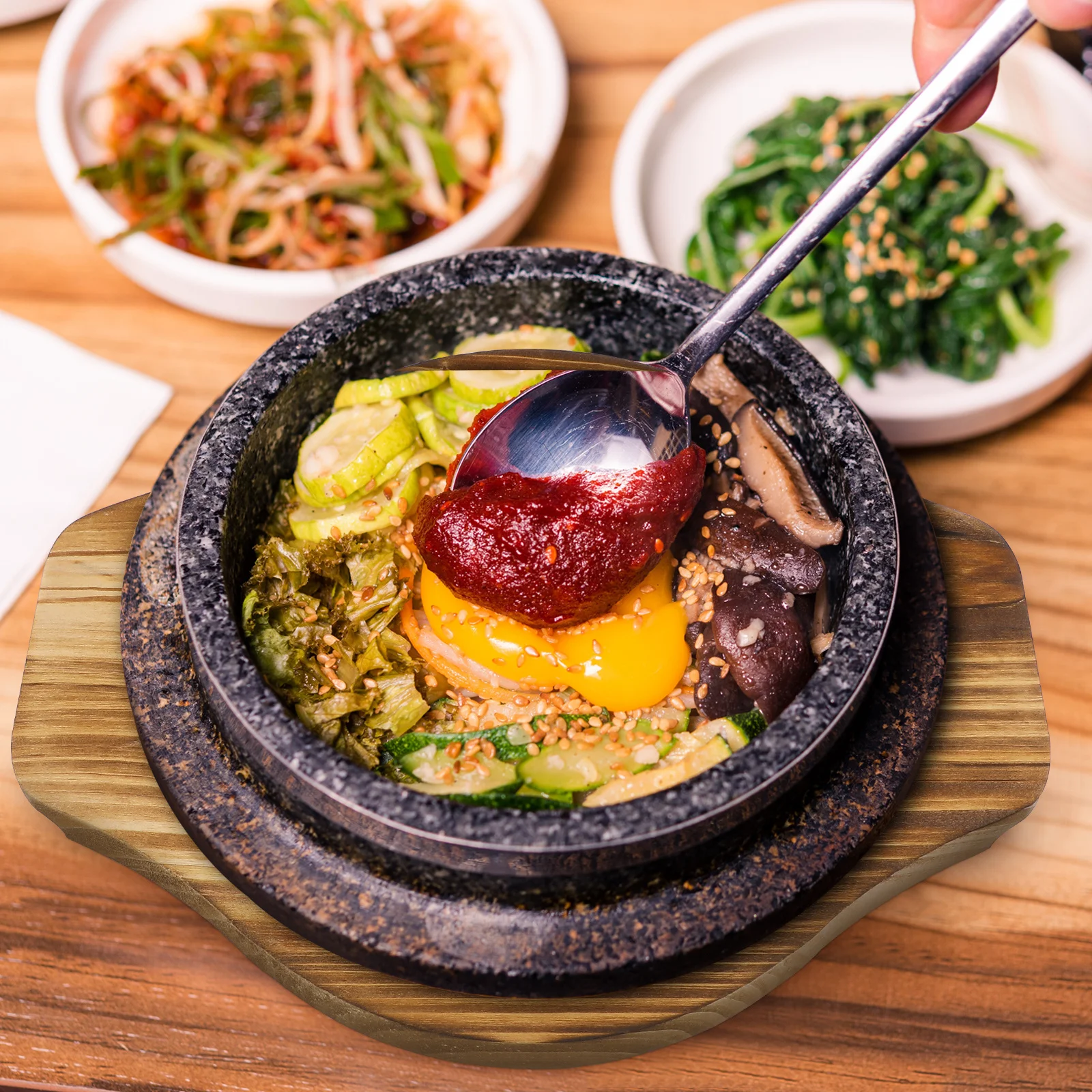 

2pcs Stone Bowl Wood Pad Kitchen Pot Mat Heat Resistant Casserole Holder Modern Stylish Tabletop Accessory