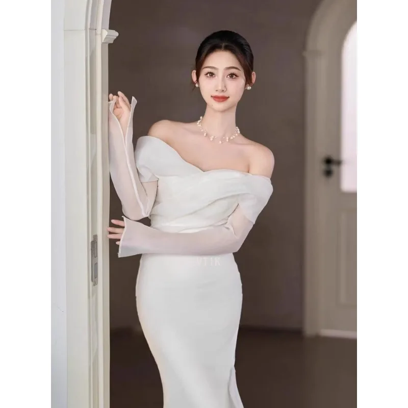 Simple Satin Mermaid Wedding Dress Elegant Off-Shoulder Long Bridal Gown White Tulle Long Sleeve Party Formal Occasion Dress