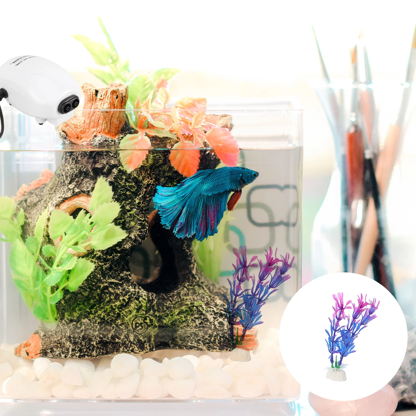 

10 pcs Artificial Aquarium Water Plant Decoration Fish Tank Ornament 80-125Mm Plastic Ceramic Base Scenery Enhancement (Random