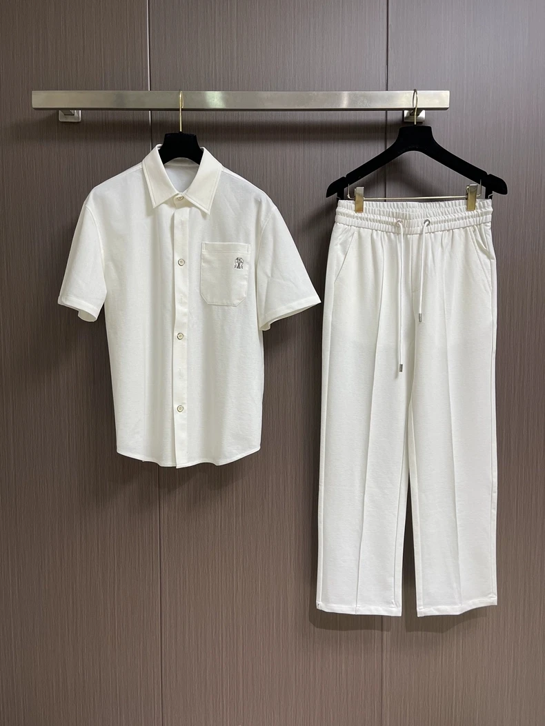 

Italian Style Men's Casual Shirt Set Summer Pocket Embroidered Badge Comfortable Short Sleeve Fashionable Versatile Ensemble