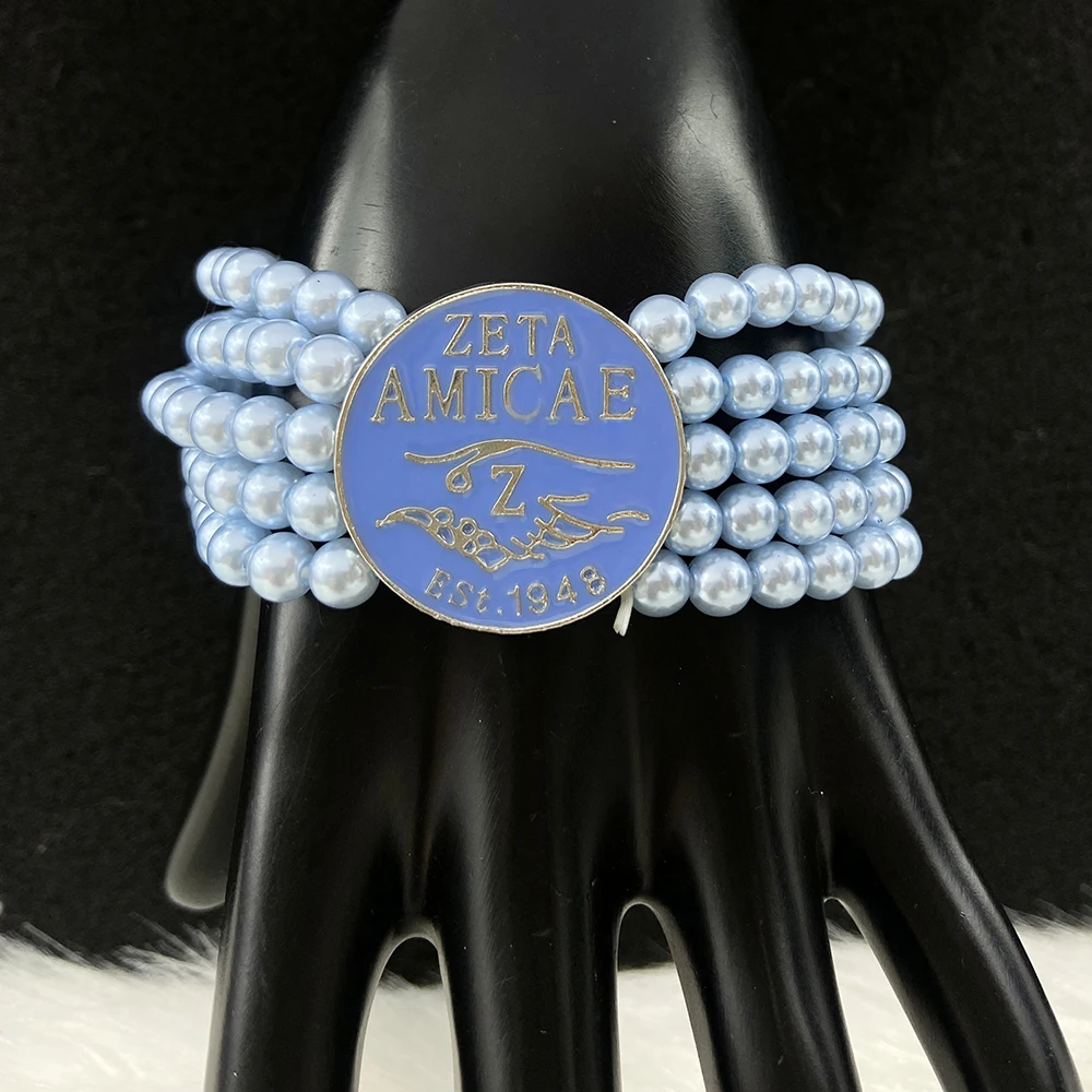 Multi Layer Sorority Light Blue Beaded Zeta Amicae Enamel Round Pendant Crest Pearl Necklace Bracelets Sets