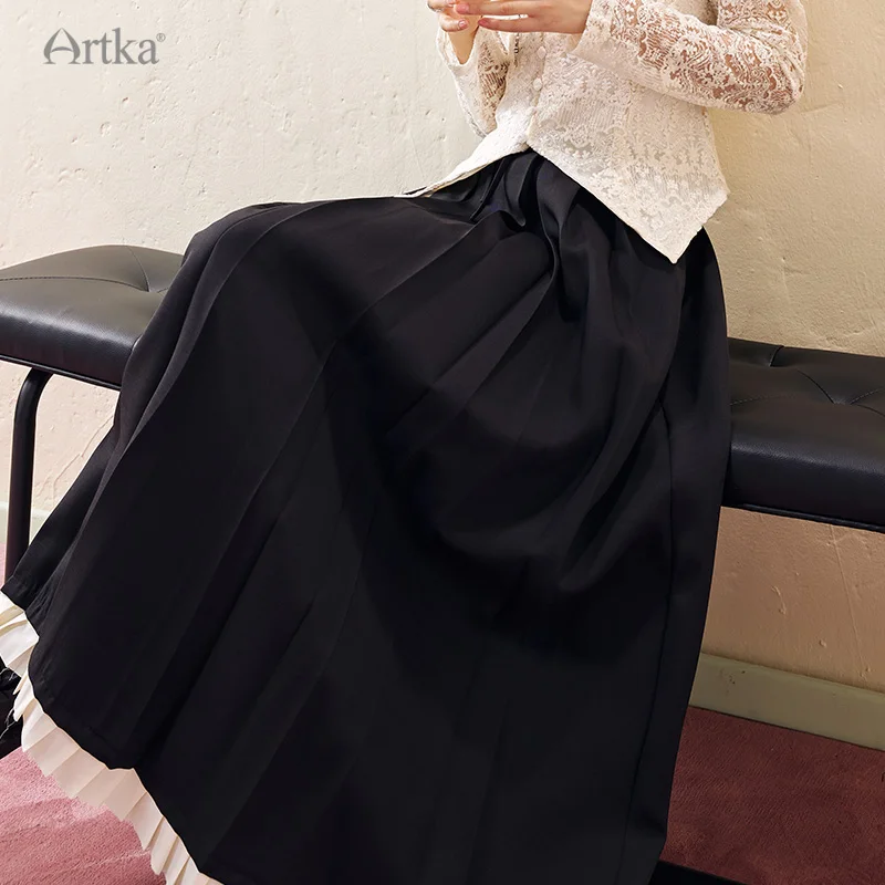 ARTKA 2023 Autumn New Women Skirt Fashion Elegant High Waist Pleated Skirts A-Line Black Long Skirt Female QA92339Q