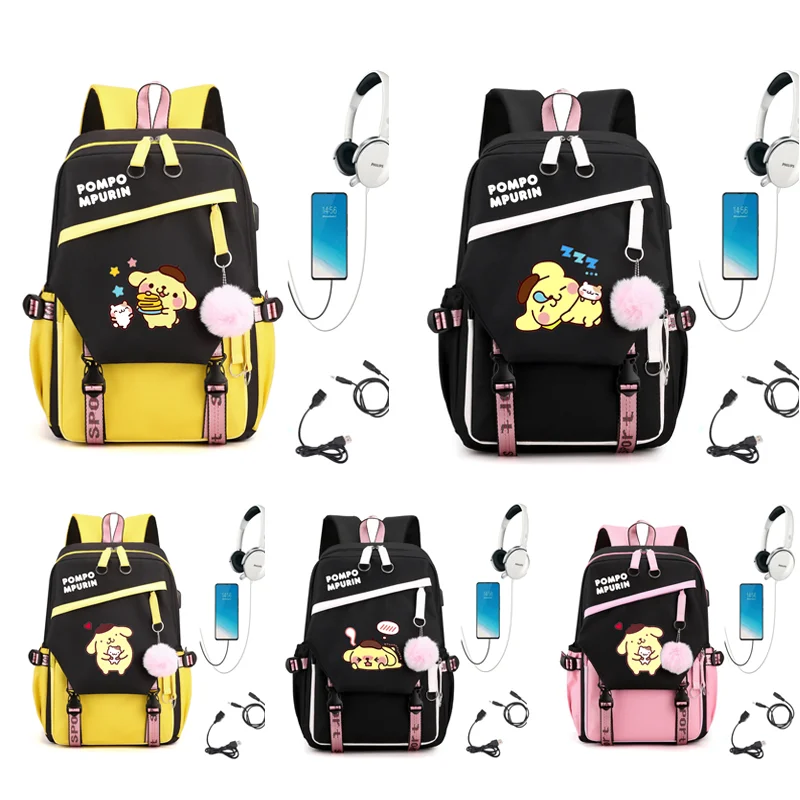 Pompompompurin plecak Laptop dla dziewczynek chłopców nastolatek dzieci plecak męski Famale Casual Cartoon plecaki USB