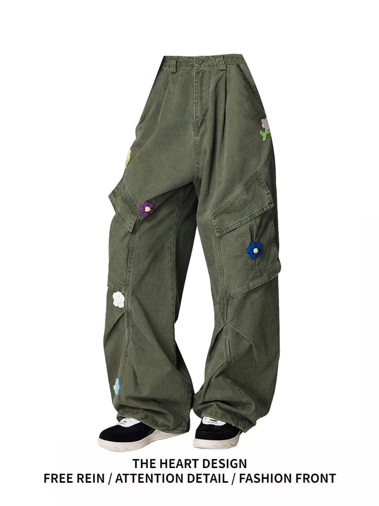 

Ретро-брюки в американском военном стиле с цветочной вышивкой, свободные повседневные брюки для женщин, осенне-зимняя новинка, прямой крой, удобные.