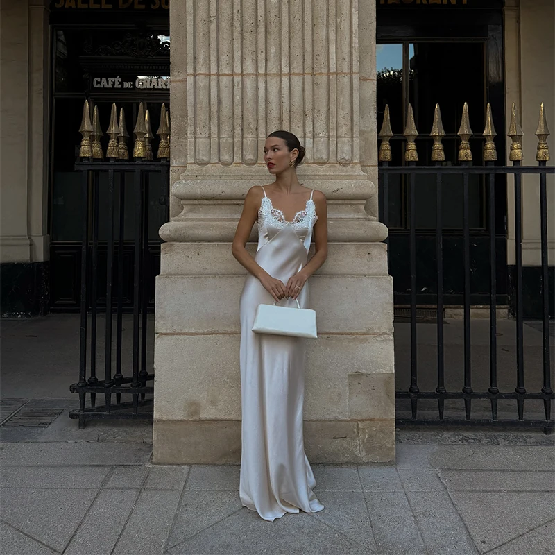 فستان كامي ماكسي أنيق بتصميم كلاسيكي من الساتان مزين بالدانتيل فساتين حريرية مصممة للسيدات خريف متواضع أنيق رومانسي للتاريخ ملابس نسائية للشارع #5