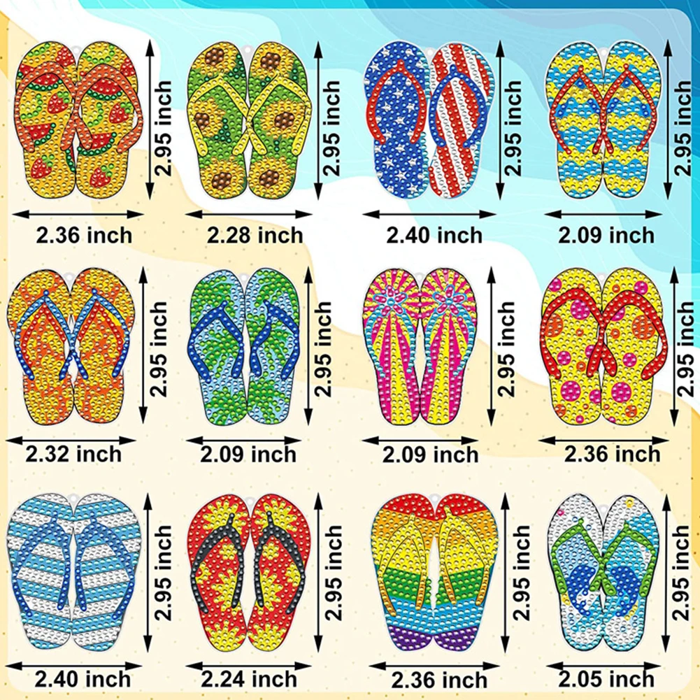 12pcs Flip Flop  Set Diy Keychains  Double Sided Diamond Art Ornaments For Beginners，Drop Shipping