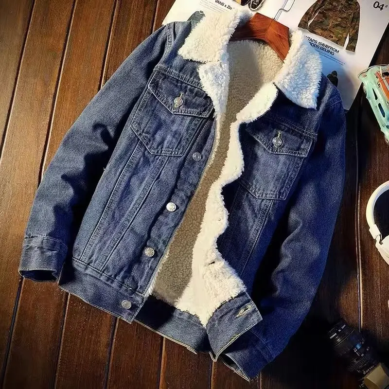 Mens Winter Fleece Denim Jacket Thick Warm Lambswool Loose Plus Size Cotton Trendy Casual Outerwear Coat