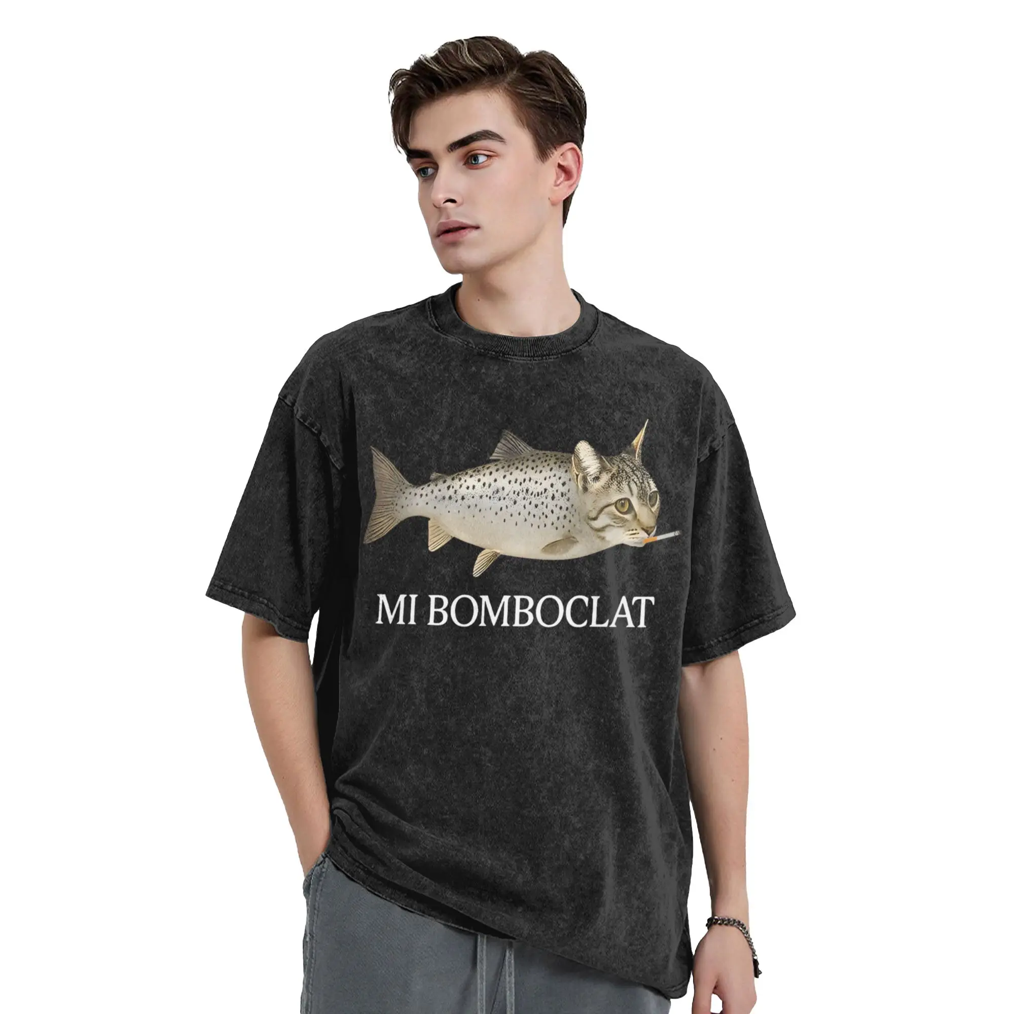 Washed T Shirt Bomboclat Fish Cat Mi Bomboclat Silly Stupid Brainrot Hip Hop T-Shirts High Street Streetwear Cotton Tees Men