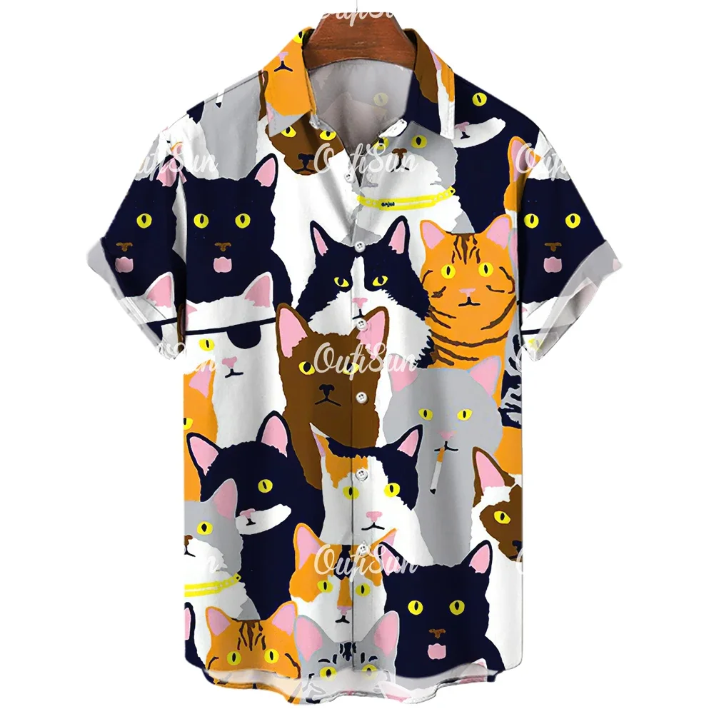 2023 Anime Cartoon Men\'s Shirt 3D Printed Animal Cat Oversized Men\'s Shirt Casual Short Sleeve Daily Hawaiian Shirt Tops Summer