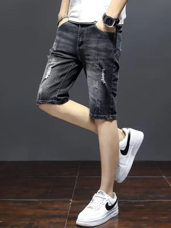 Trendy Korean Style Men's Short Jeans Casual Thin Straight Leg Five-Point Pants Summer Lightweight Mid-Calf Break Hole