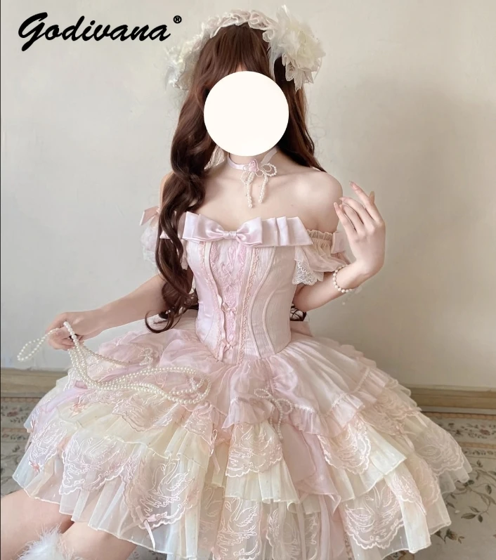 Lolita Ballet Pink Suspender Dress 2025 Summer New Girl Women's Sweet Lace Embroidery Cute Bow Slim Short Jsk Dress