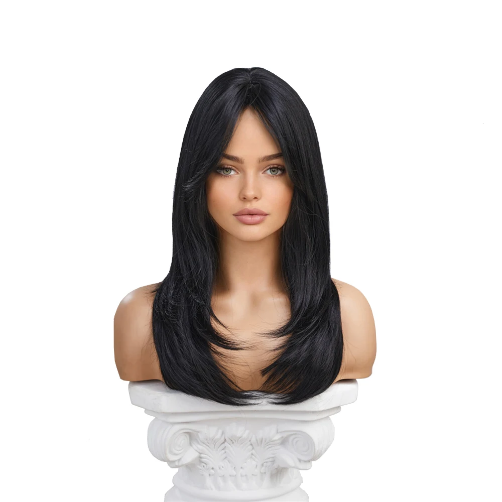 Black Wig for Women Daily Party Medium Long Straight Hair Natural Layered Synthetic Wig High Quality Fiber Wig Heat Resistant