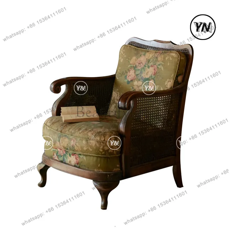 "French retro solid wood sofa chair" medieval rattan casual bedroom tiger chair