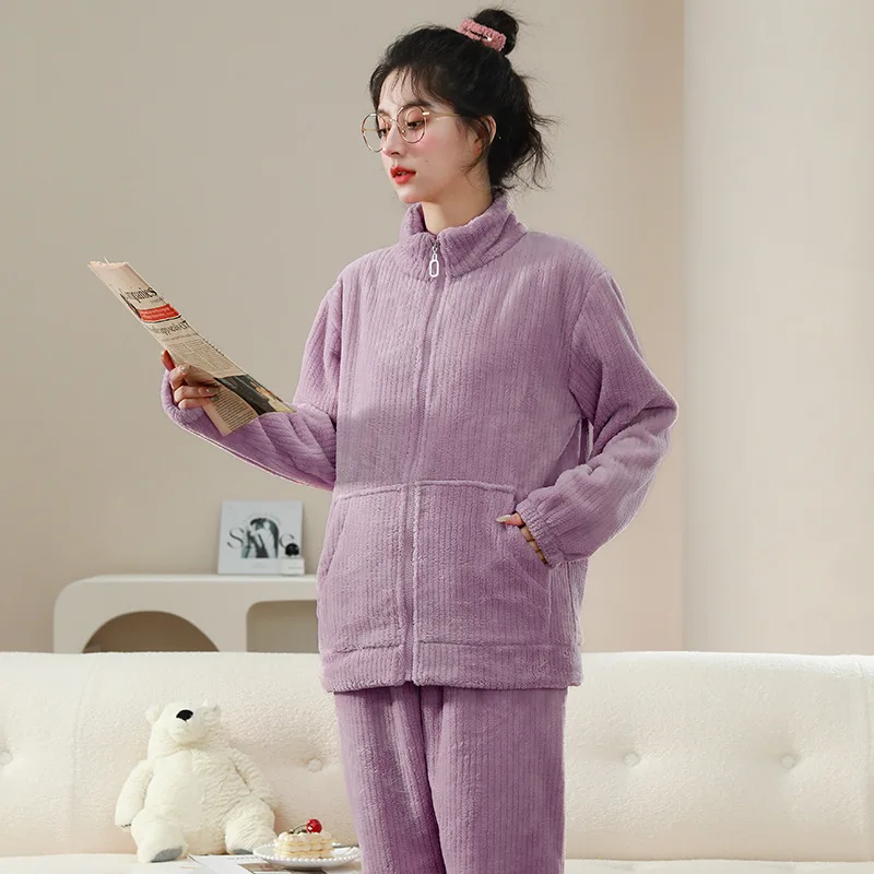 Loose Thickened Warm Home Clothes Sets Flannel Autumn Winter Long Pants Homewear Pajamas