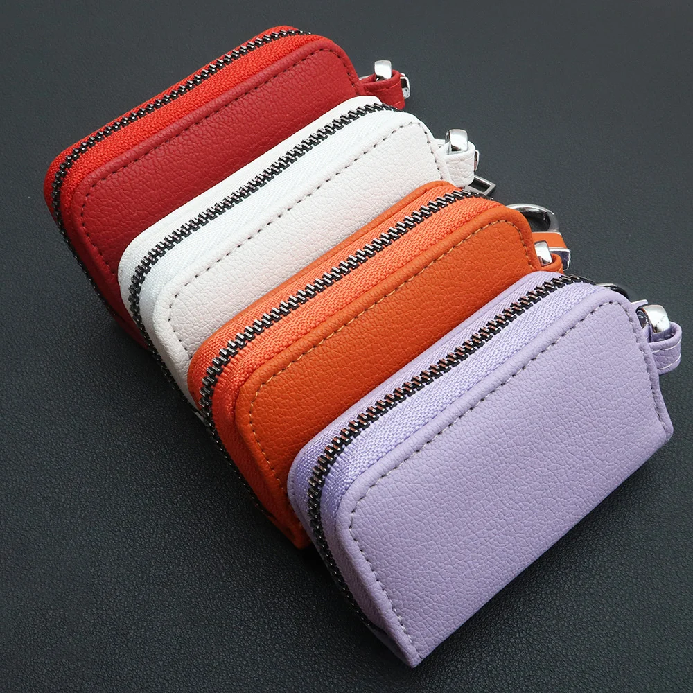 Universal Leather Car Key Case Zipper Wallet Keychain Organizer Pouch with Hook for Men and Women Auto Accessories