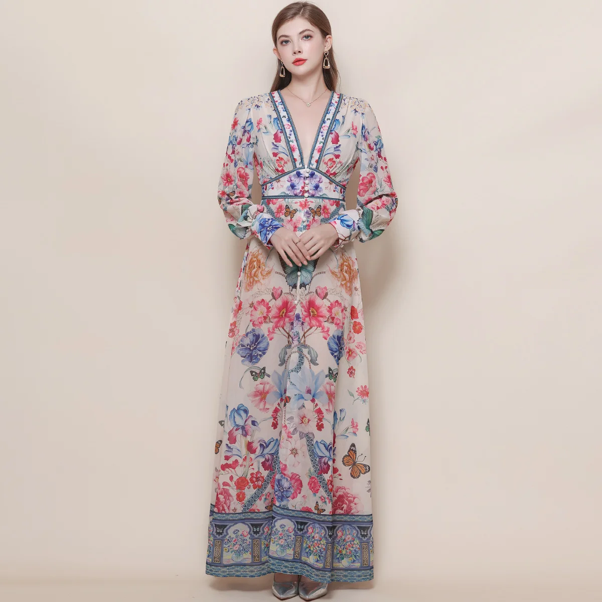 

2026 Summer Holiday Gorgeous Flower Chiffon Long Dress Women Deep V Neck Long Lantern Sleeve Floral Print Boho Robe Vestidos