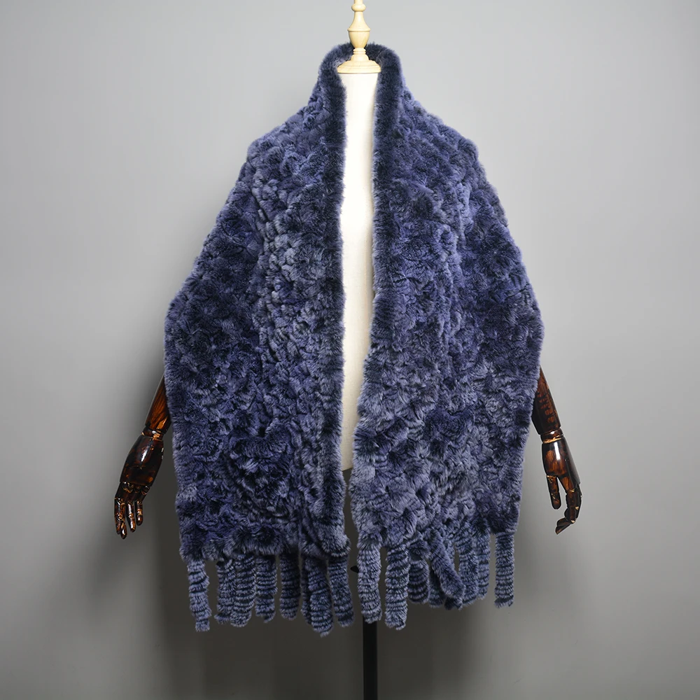 190*38cm Winter Knitted Real Rex Rabbit Fur Scarf with Pocket Wide Women Natural Rabbit Fur Tassel Shawl Warm Long Fur Scarves