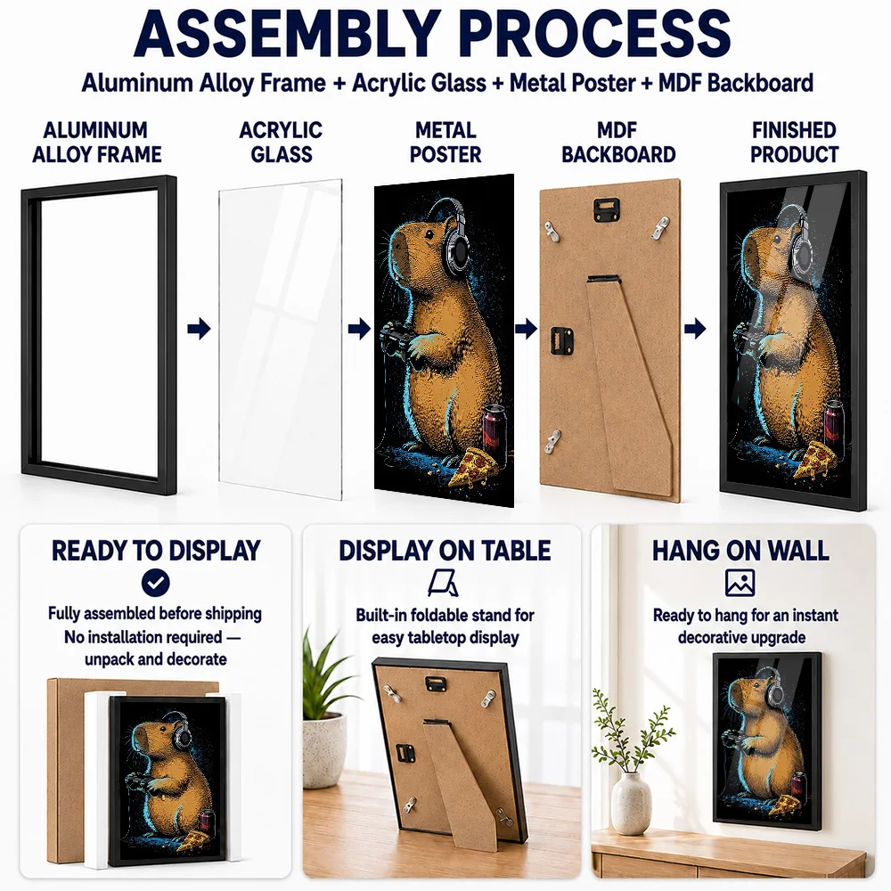 Gamer Capybara Featuring Pizza And Soda Framed Metal Print Customized Photo Epic Style Wall Art For Teen Bedroom Birthday Gift