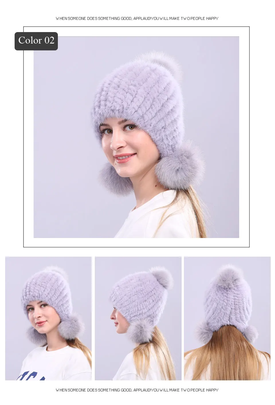 Echte Nerz Pelzmütze mit Fuchspelz Ball Ohrenschützer Schutzkappe Wintermütze für Frauen Russische Trapper Herbstmütze Beanie Herbstmütze – Detail 5