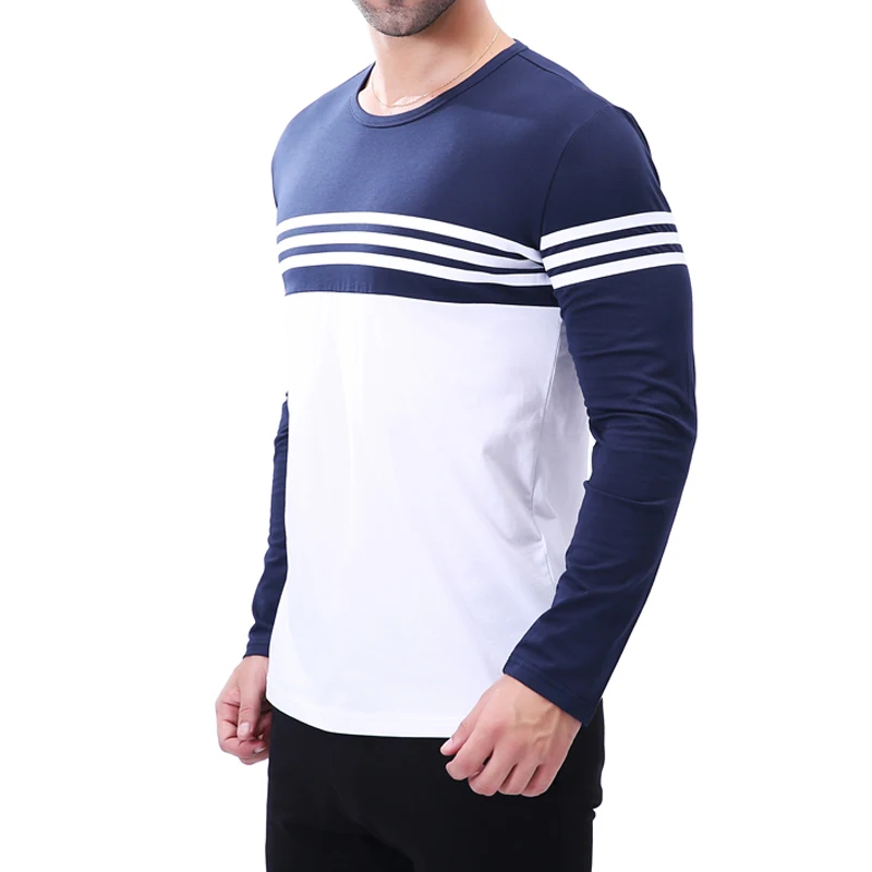 Men\'s Striped Patchwork Long Sleeve T Shirt Casual O Neck Color Block Top Tees