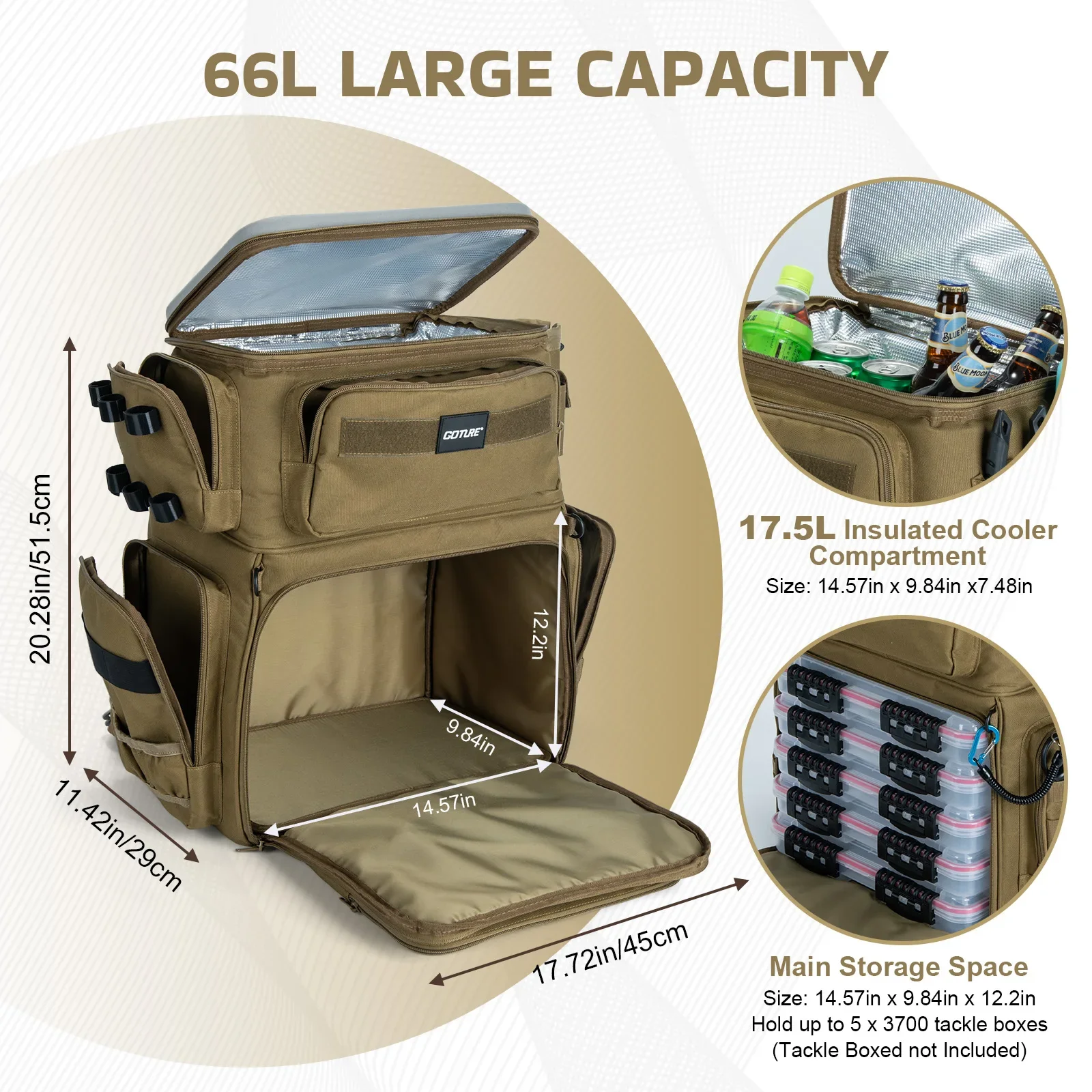 Goture Fishing Tackle Bag Built-in Insulated Cooler,Waterproof 600D Oxford Storage with Rain Cover,for Fishing Outdoor Activitie