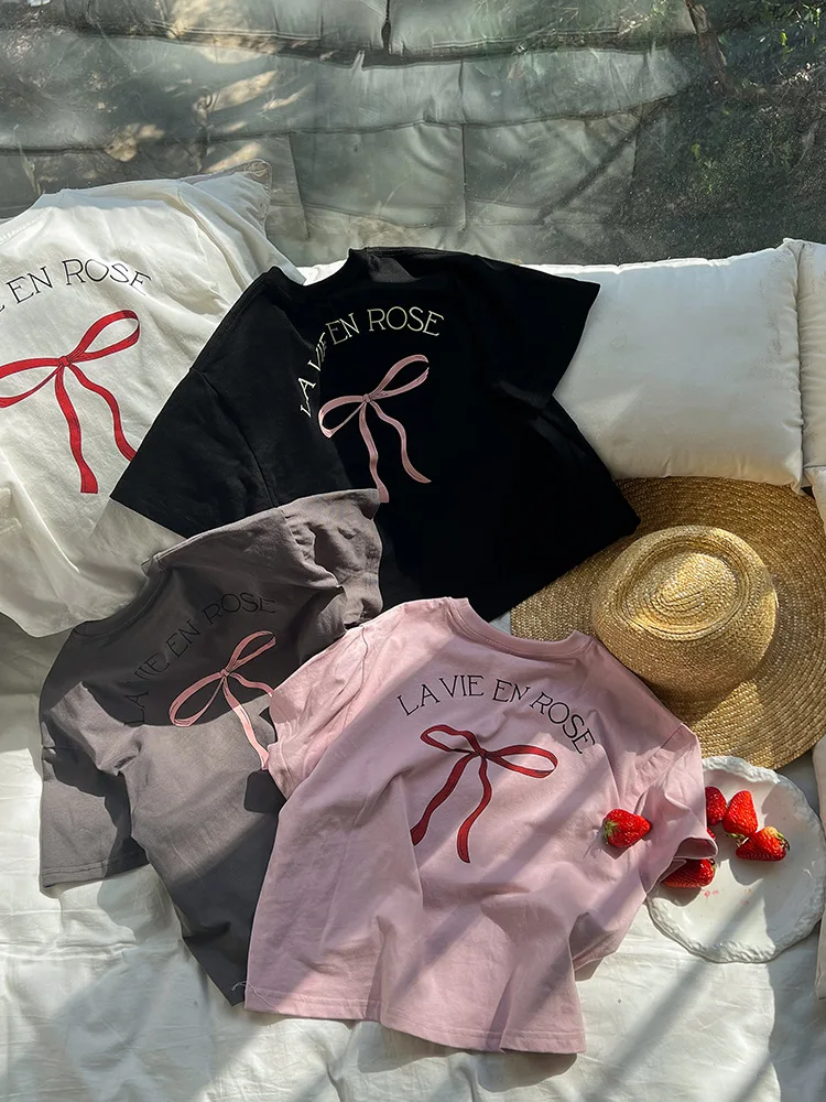 Children's Clothing Girl Korean Version Loose Short Sleeved Kids Stylish Design Girls Back Bow T-shirt Top