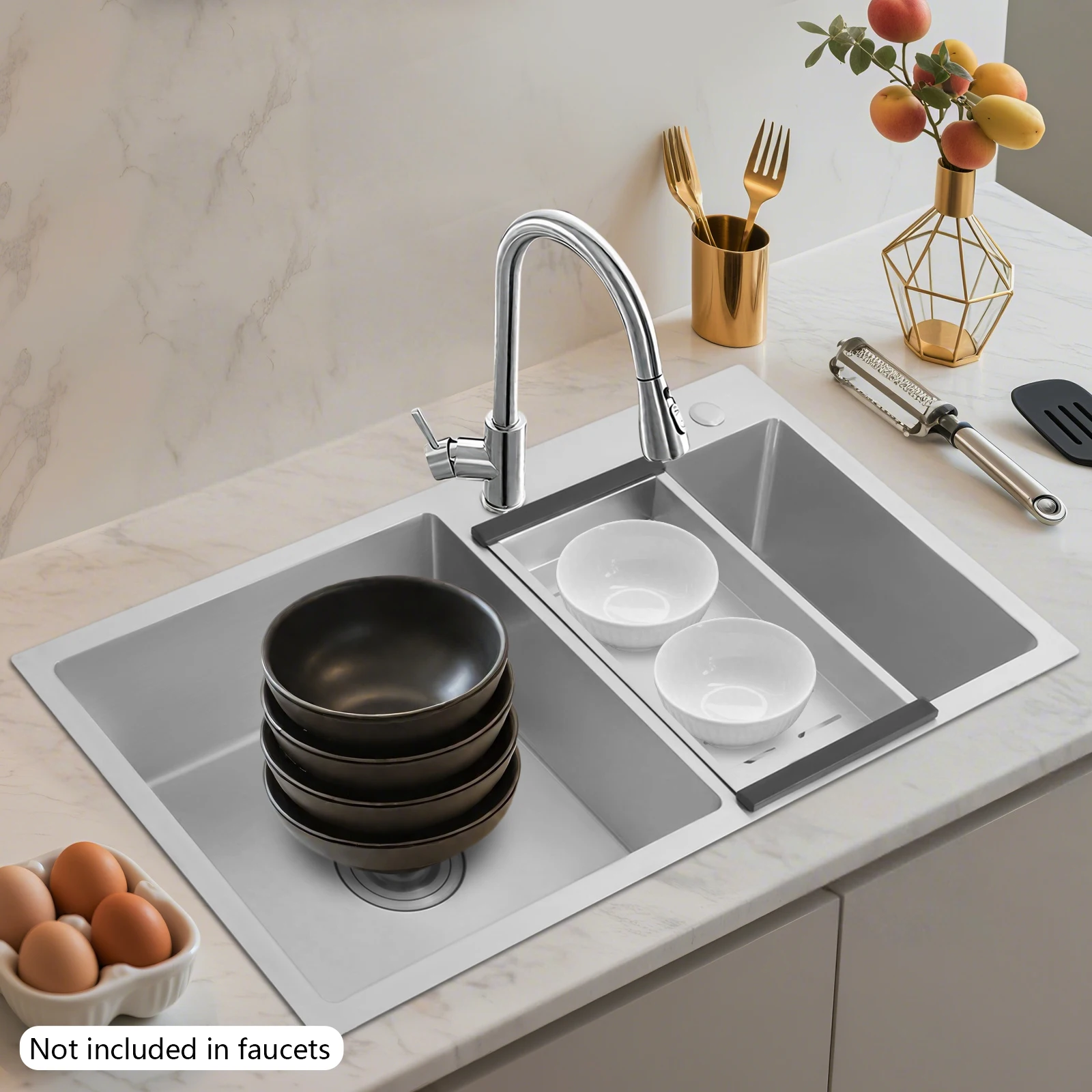 

Stainless Steel Kitchen Sink Double Basin Kitchen Sink with a Drain Basket Countertop Under In-counter Installation