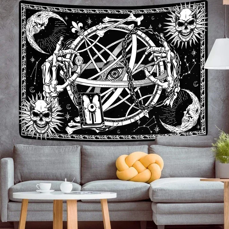 Skull  Sun and Moon Tapestry Gothic Skull Tapestry Black and White Tarot Tapestry Mystic Eye  Room Wall Mount