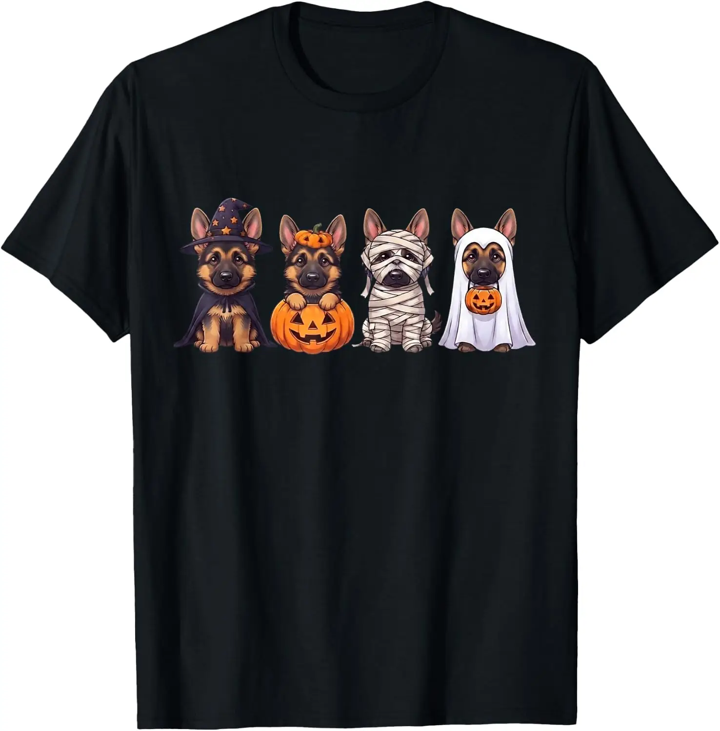 Cute German Shepherd Halloween Witch Mummy Pumpkin Dog T-Shirt Men Women Unisex Novelty Graphic T‑Shirt, Classic Crew Neck 100% Cotton Tee, Lightweight Anti‑Pilling Breathable Casual Tops, Year‑Round Daily Outfit, Holiday Birthday Present Tee