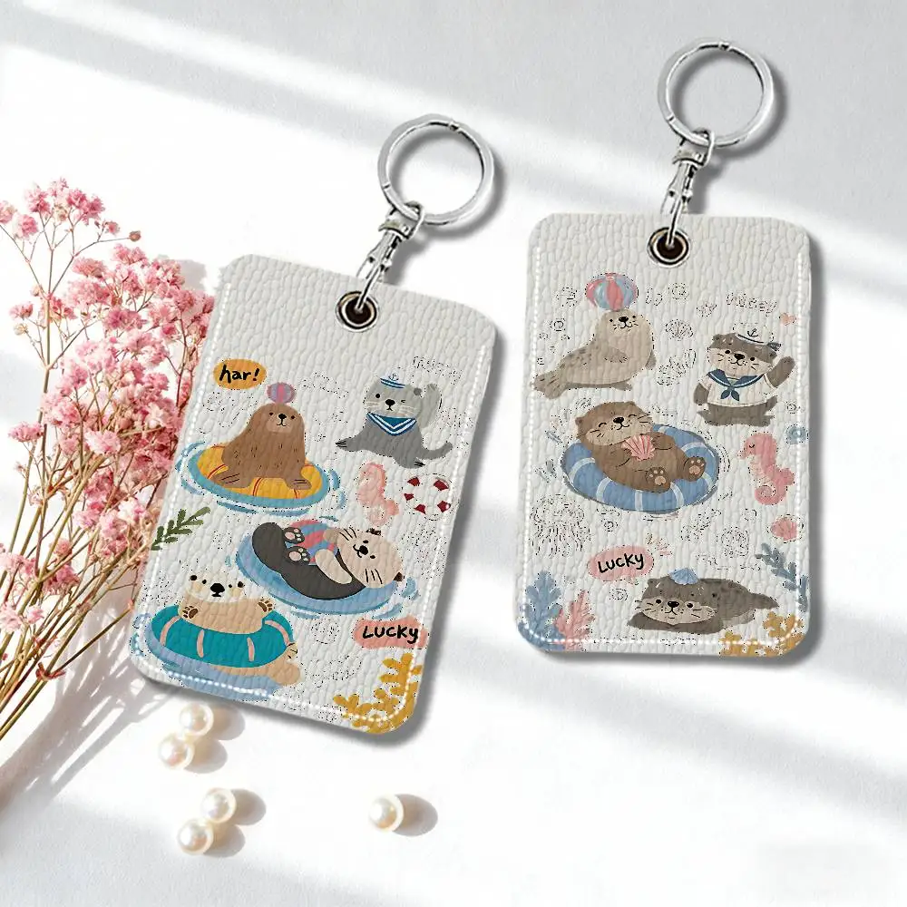 Swimming Animals Cartoon Cute Keychain Card Holder, Badge Credit Card Holder, Bus Cards Cover Protector Portable PU Leather