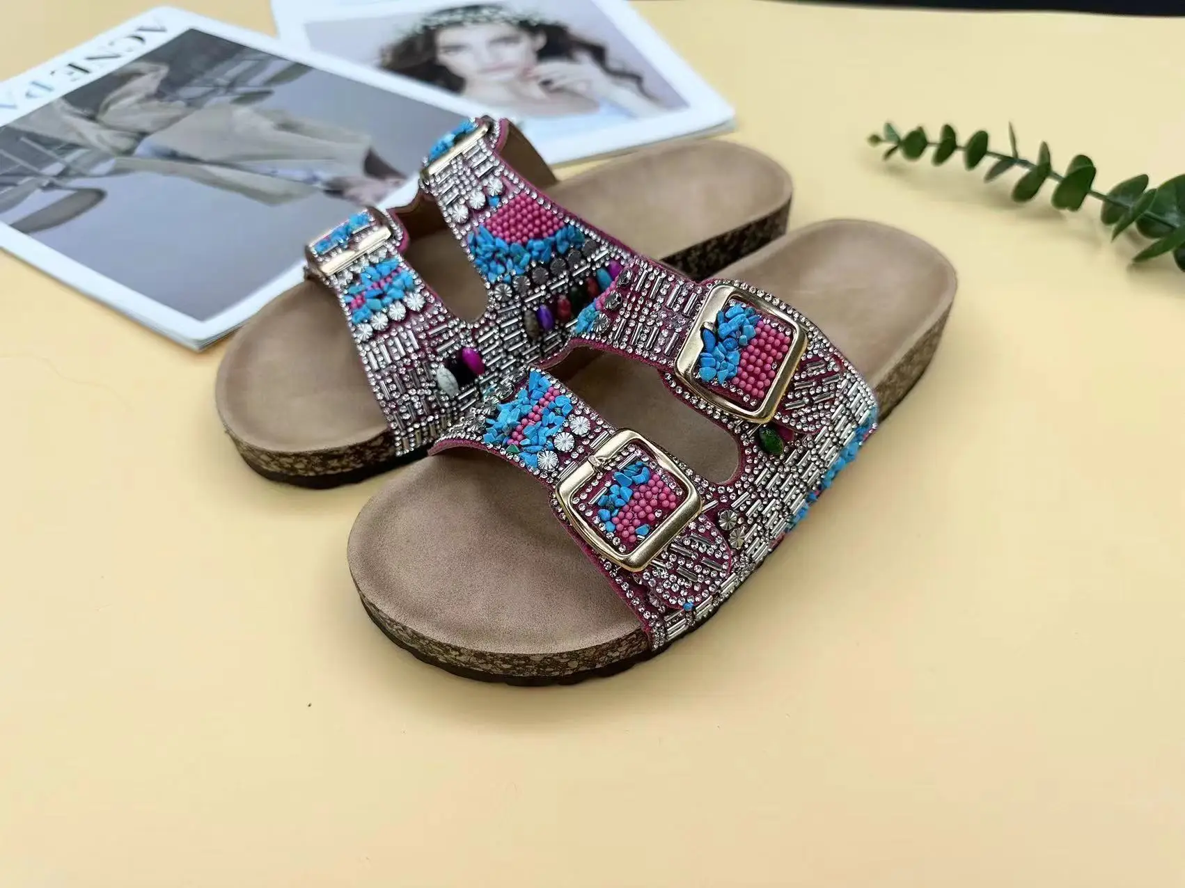 Ethnic Style Fashion Sandals Thick Bottom Wedge Cork Travel Shoes Outdoor Fashion Rhinestone New Women\'s Shoes Summer