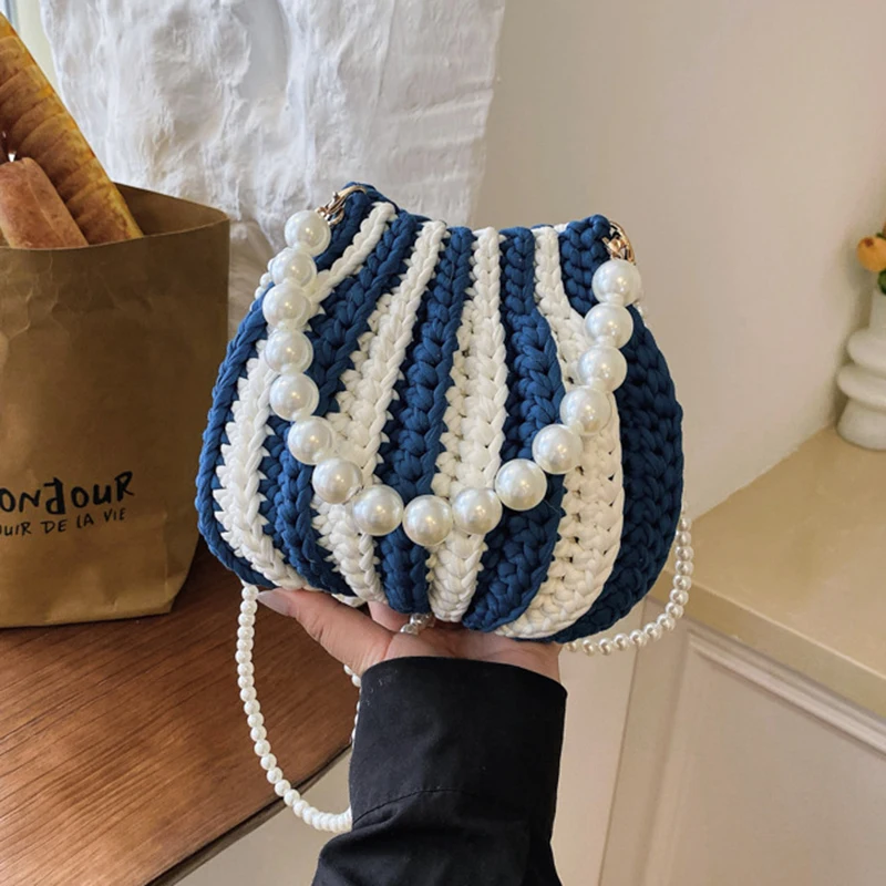 

Summer Women Knit Crochet Crossbody Shoulder Bag Pearl Chain Handmade Woven Women Sling Bag Elegant Delicate Cute Compact Purse